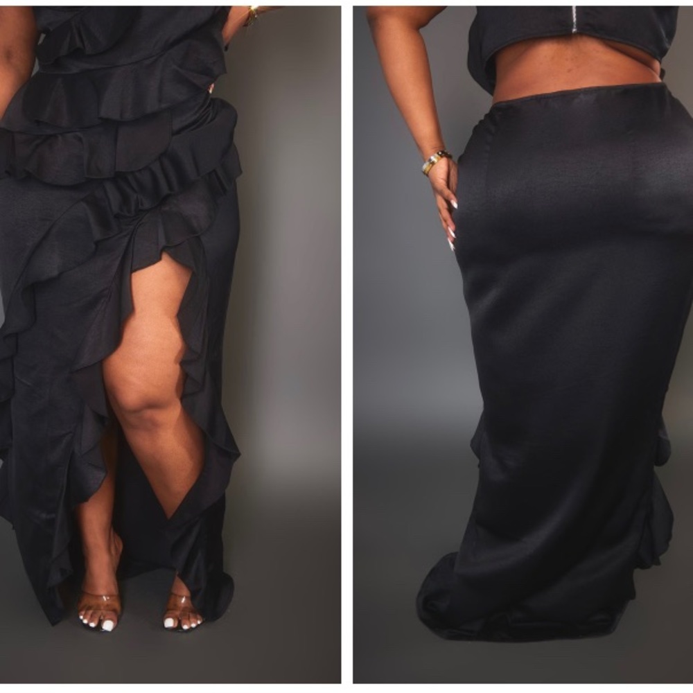 Plus Black Satin Ruffles side Split MIDI skirt